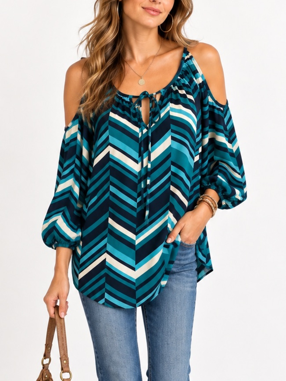 Francesca’s Collection “Birdcage”Teal Cold Shoulder Boho Tunic Top Blouse Medium